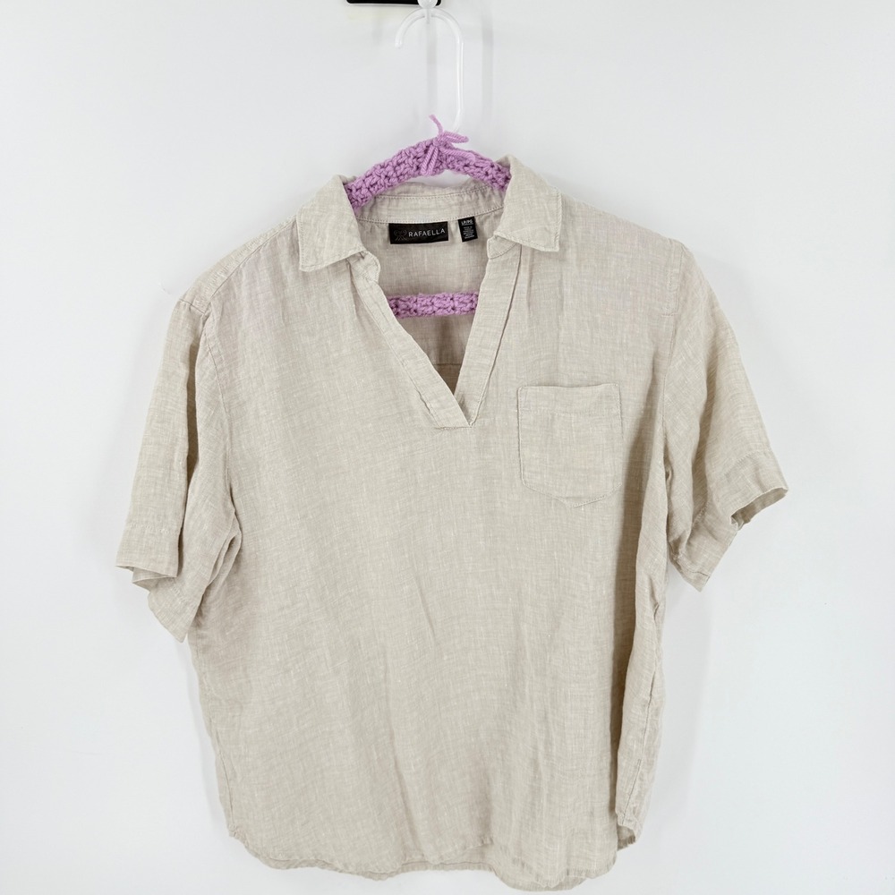 Rafaella 100% Linen Top Beige LP Short Sleeve Coastal Minimalist Earthy Natural